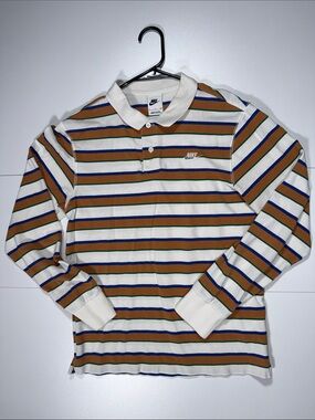 Nike Long-Sleeve Striped Polo in Cream, Brown & Blue
